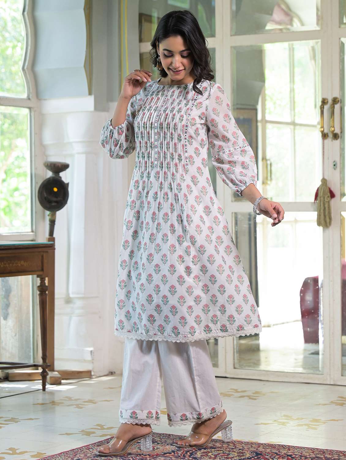 women floral printed three quarter sleeve kurta palazzo set - 22177051 -  Standard Image - 1