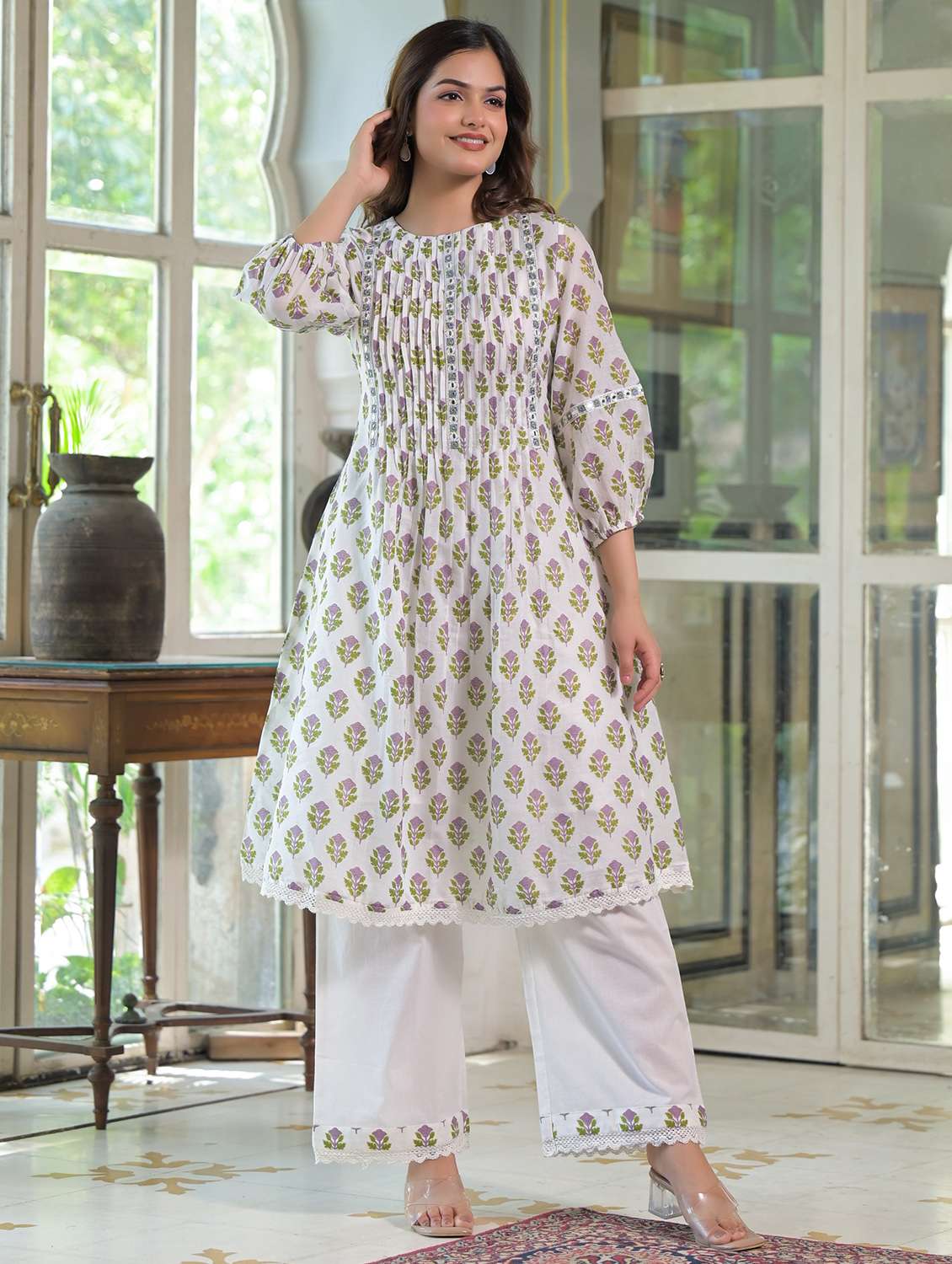 women floral printed three quarter sleeve kurta palazzo set - 22177052 -  Standard Image - 1