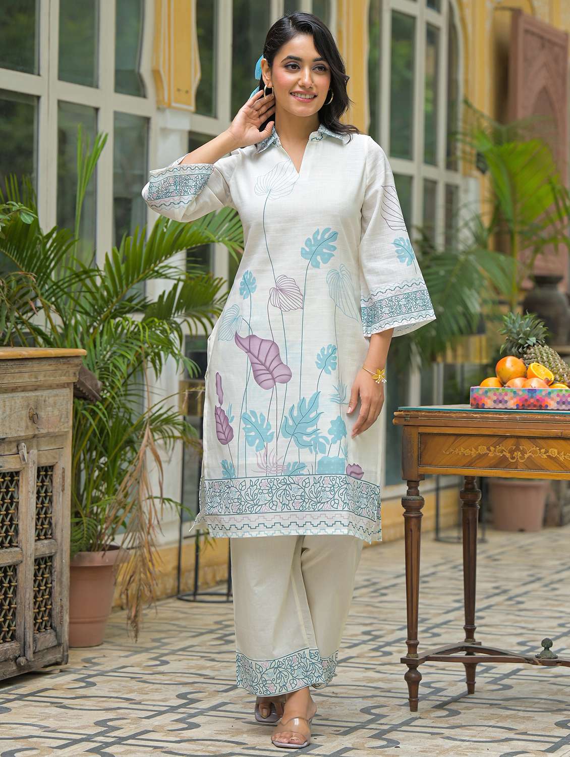 women printed long sleeve regular fit ethnic co-ord set