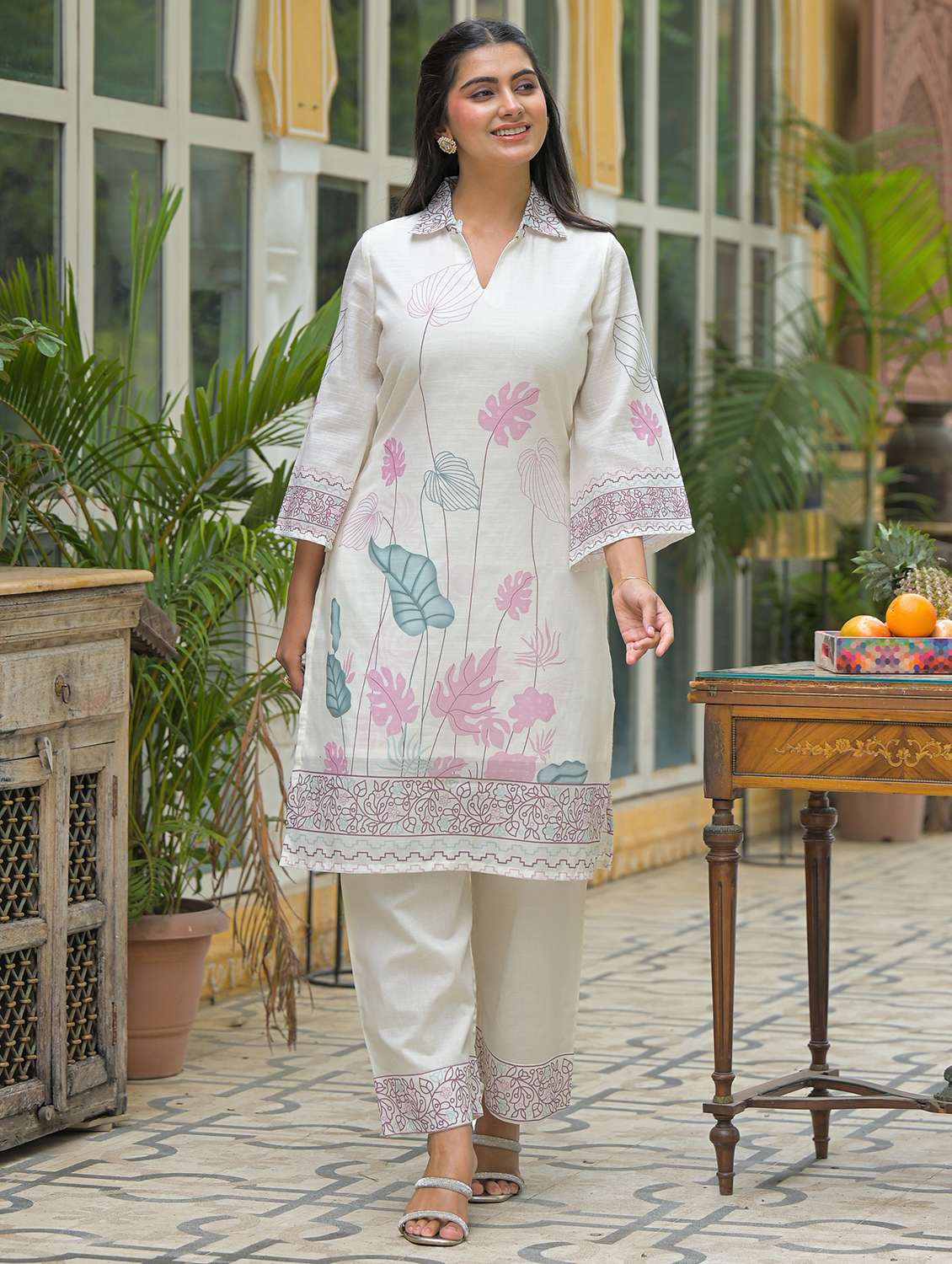 women printed long sleeve regular fit ethnic co-ord set