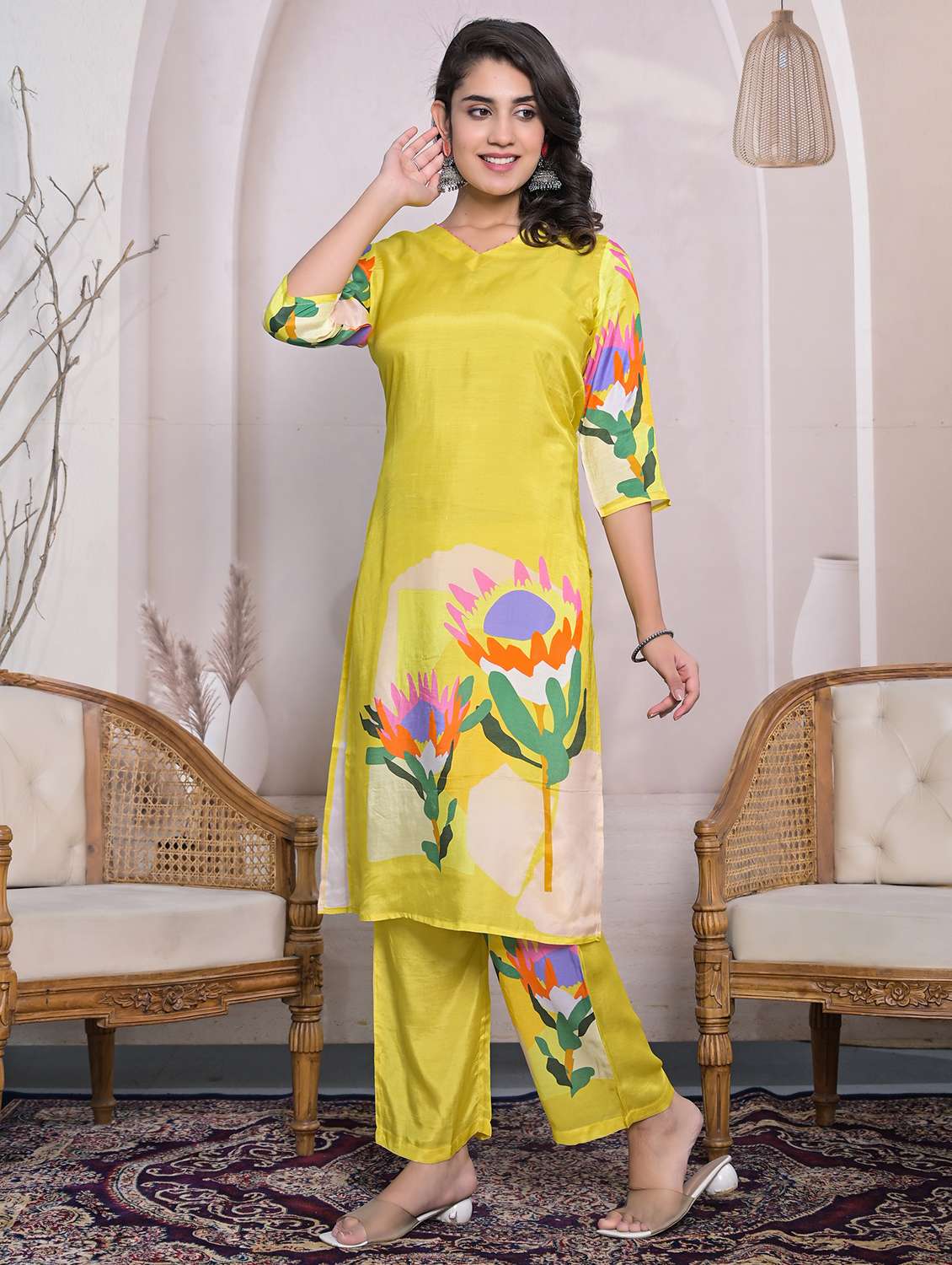 women floral printed three quarter sleeve kurta pant set - 22177057 -  Standard Image - 1