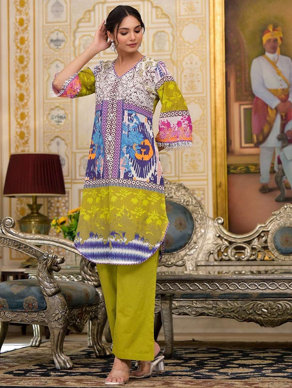 women printed three quarter sleeve kurta palazzo set - 22177058 -  Standard Image - 1