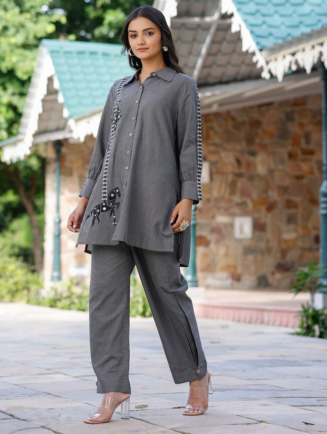 women solid with work long sleeve regular fit ethnic co-ord set - 22177059 -  Standard Image - 1
