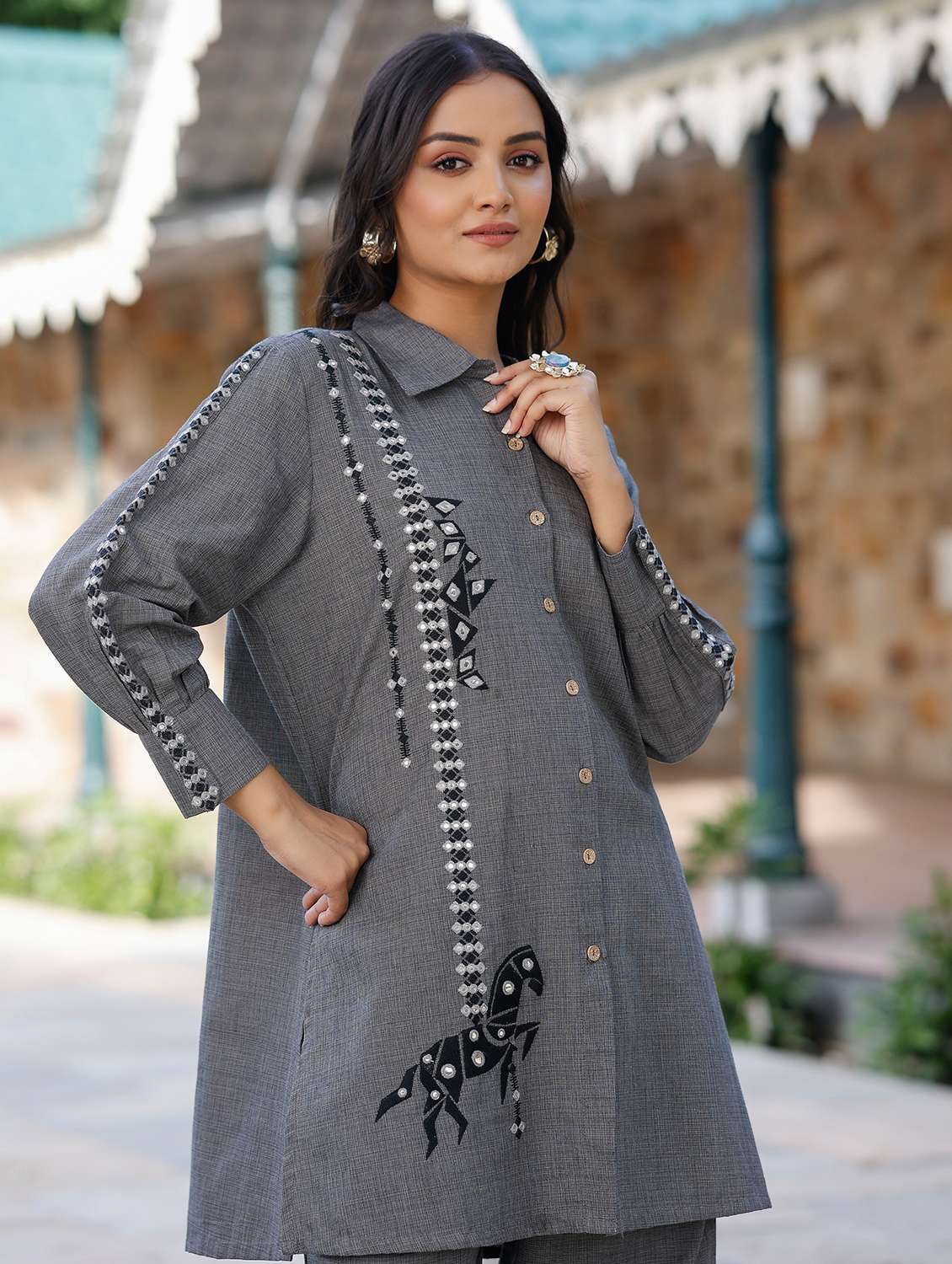 women solid with work long sleeve regular fit ethnic co-ord set - 22177059 -  Standard Image - 4