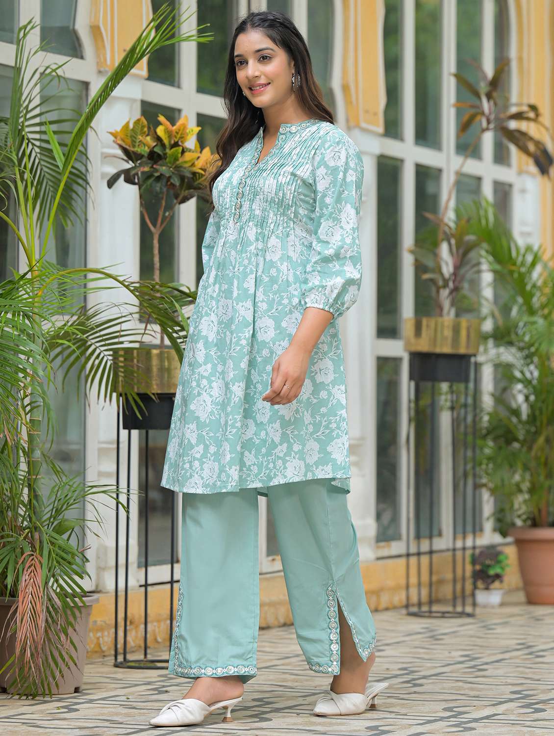 women floral printed three quarter sleeve regular fit ethnic co-ord set - 22177060 -  Standard Image - 1