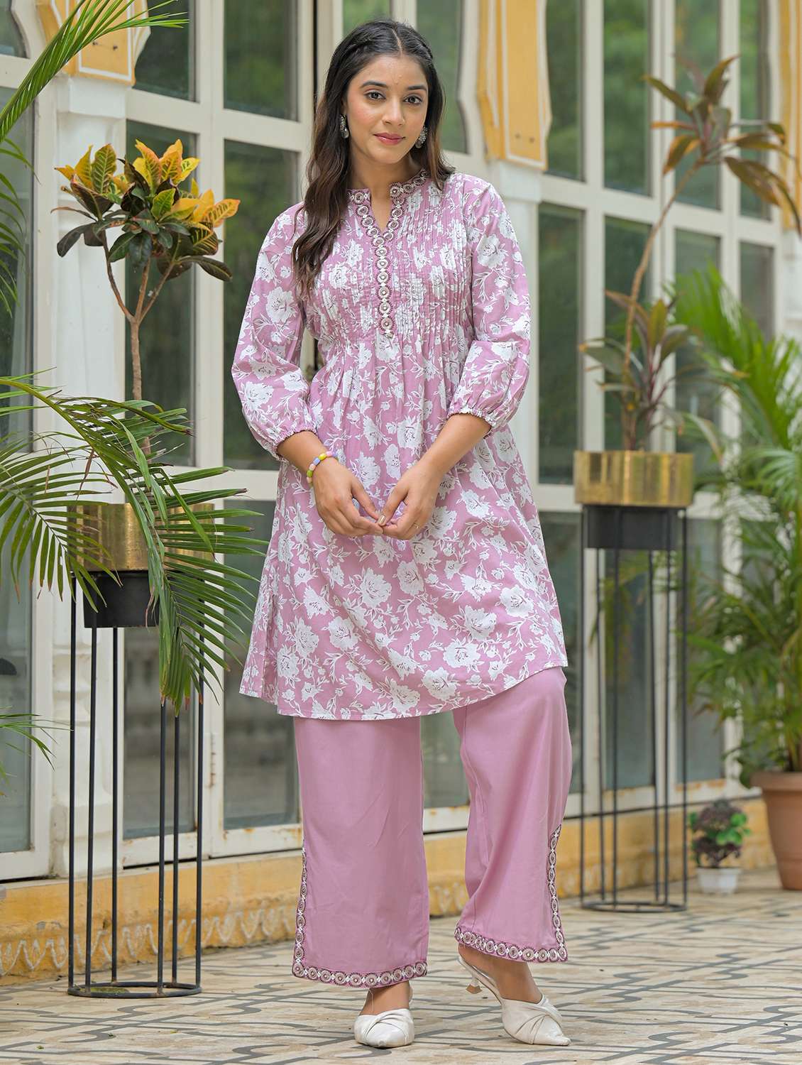 women floral printed three quarter sleeve regular fit ethnic co-ord set