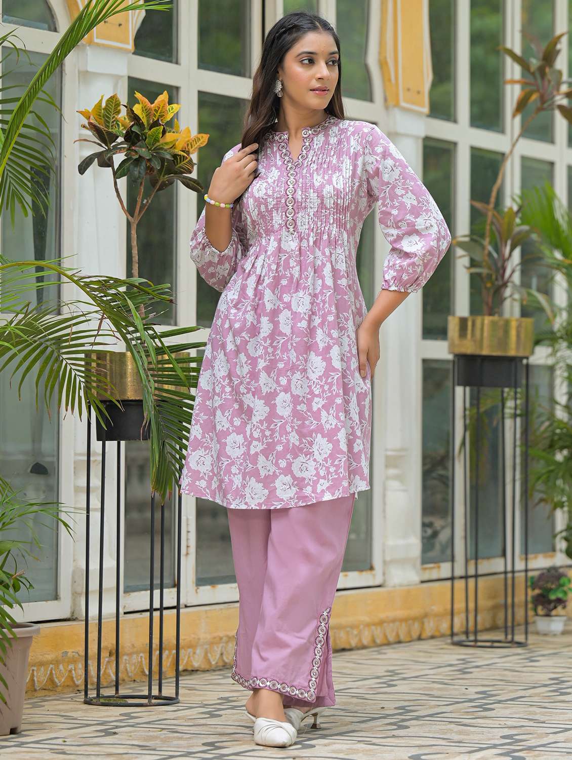 women floral printed three quarter sleeve regular fit ethnic co-ord set - 22177061 -  Standard Image - 1