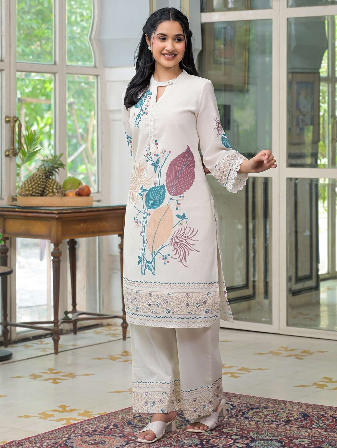 women printed three quarter sleeve regular fit ethnic co-ord set - 22177062 -  Standard Image - 1