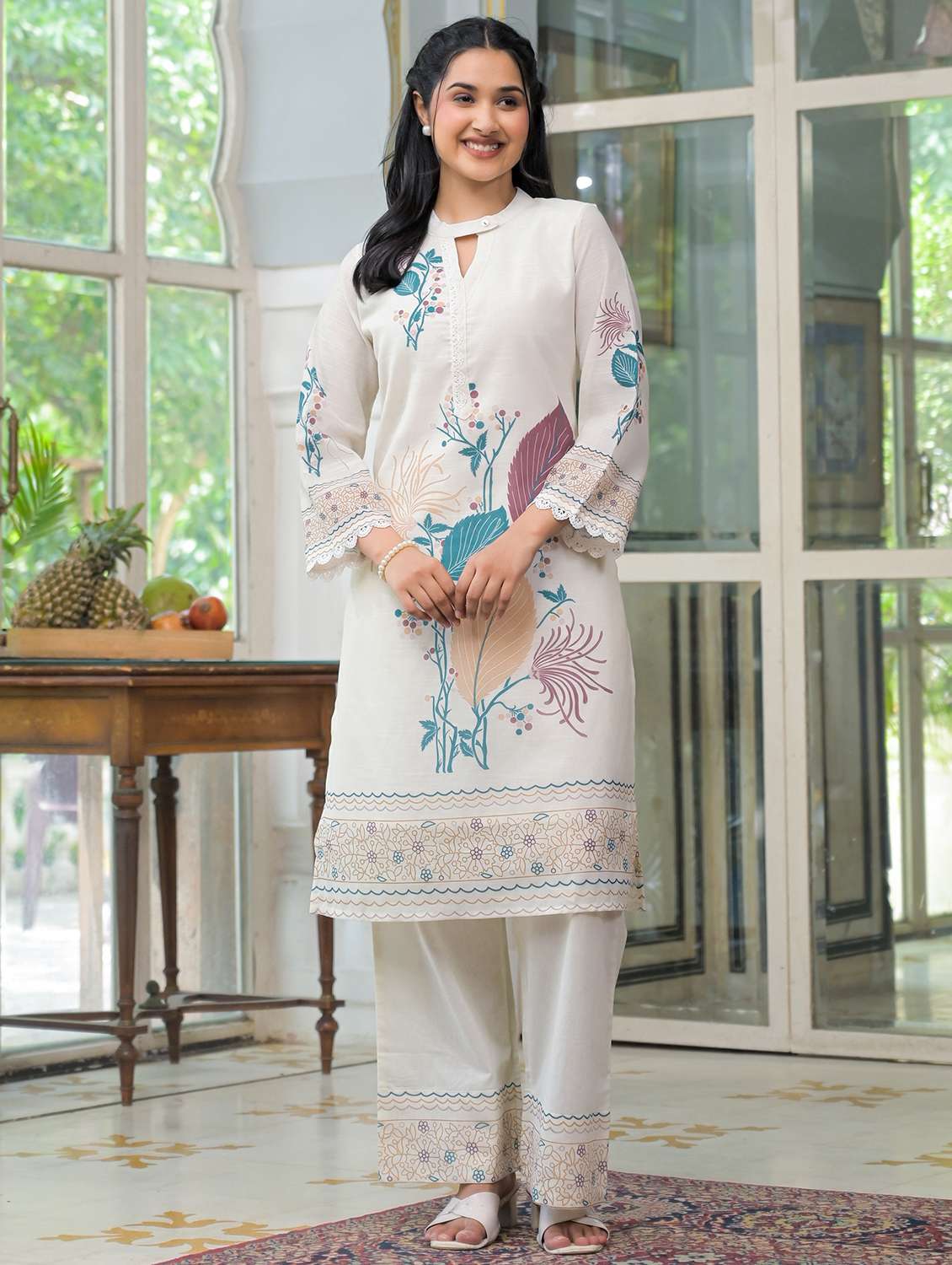 women printed three quarter sleeve regular fit ethnic co-ord set - 22177062 -  Standard Image - 4