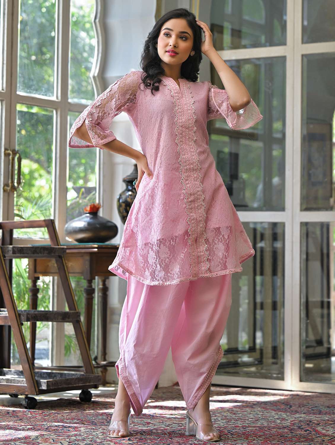 women self design three quarter sleeve ethnic co-ord set