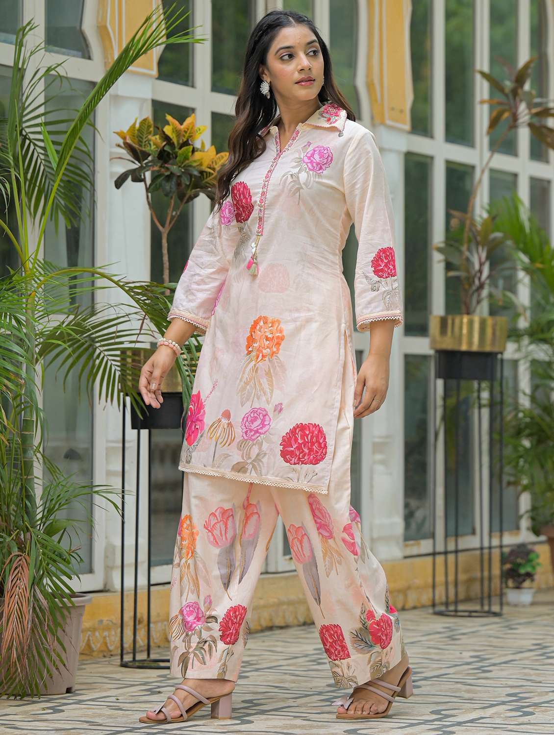 women floral printed three quarter sleeve regular fit ethnic co-ord set - 22177067 -  Standard Image - 1