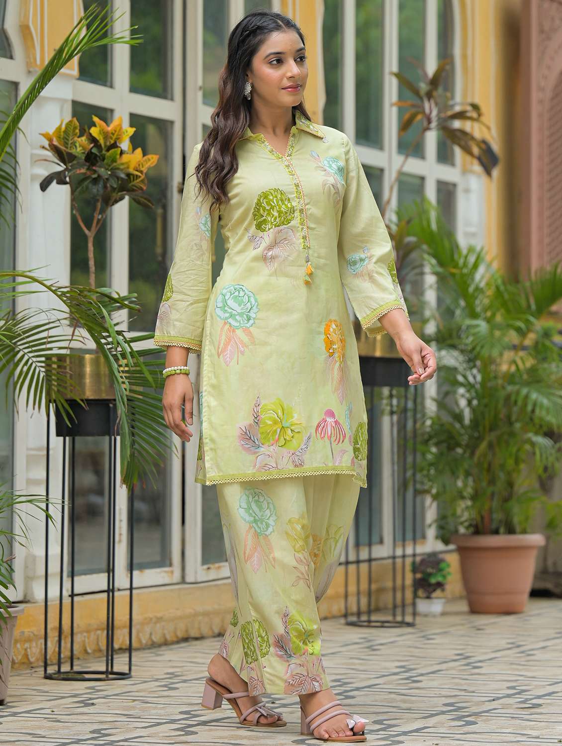 women floral printed three quarter sleeve regular fit ethnic co-ord set - 22177068 -  Standard Image - 1