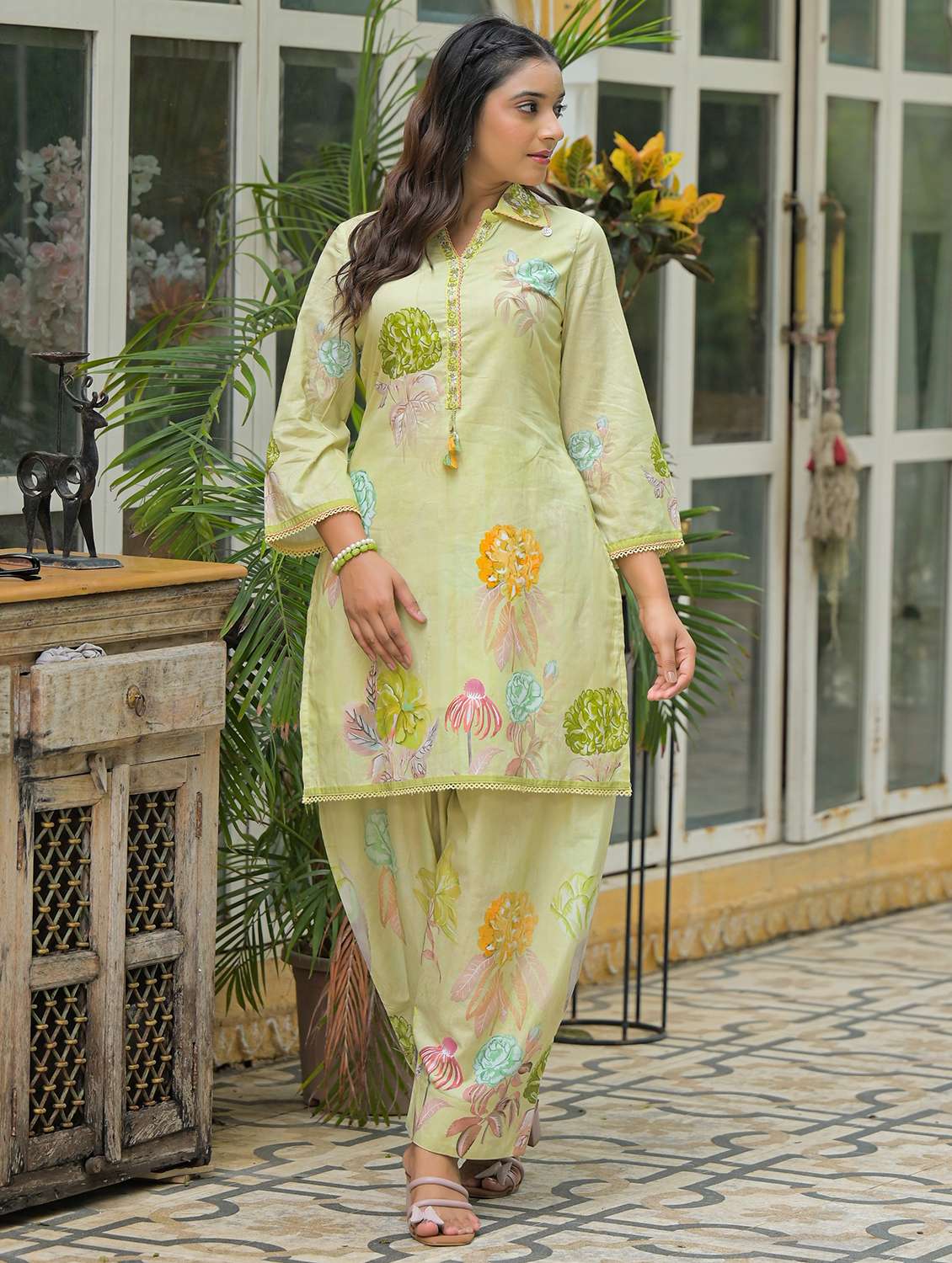 women floral printed three quarter sleeve regular fit ethnic co-ord set - 22177068 -  Standard Image - 4