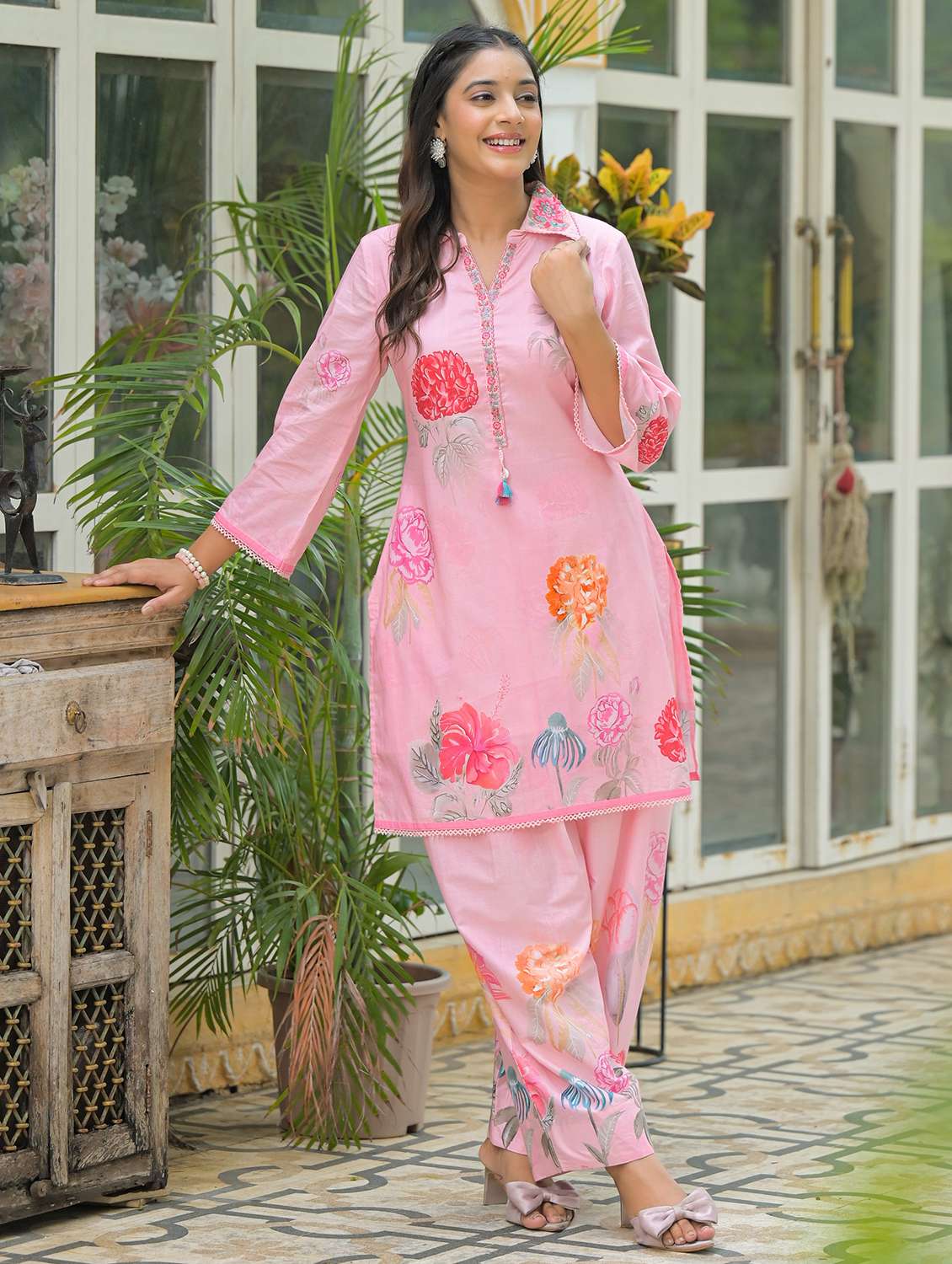 women floral printed three quarter sleeve regular fit ethnic co-ord set - 22177069 -  Standard Image - 4