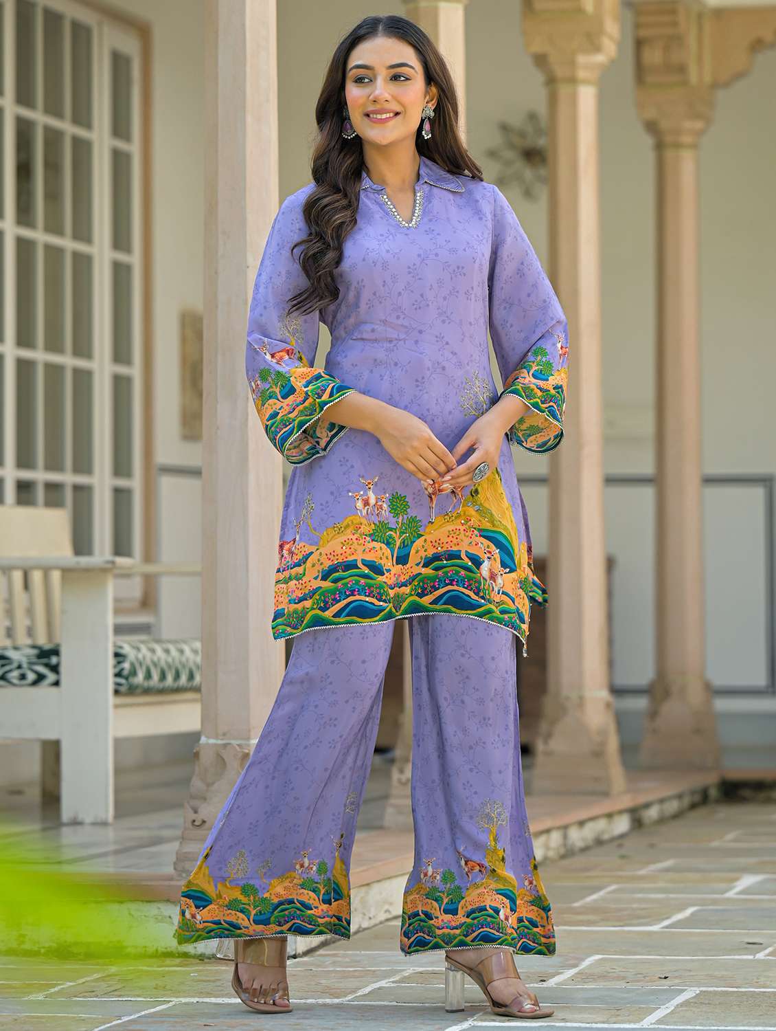 women printed three quarter sleeve regular fit ethnic co-ord set - 22177071 -  Standard Image - 1