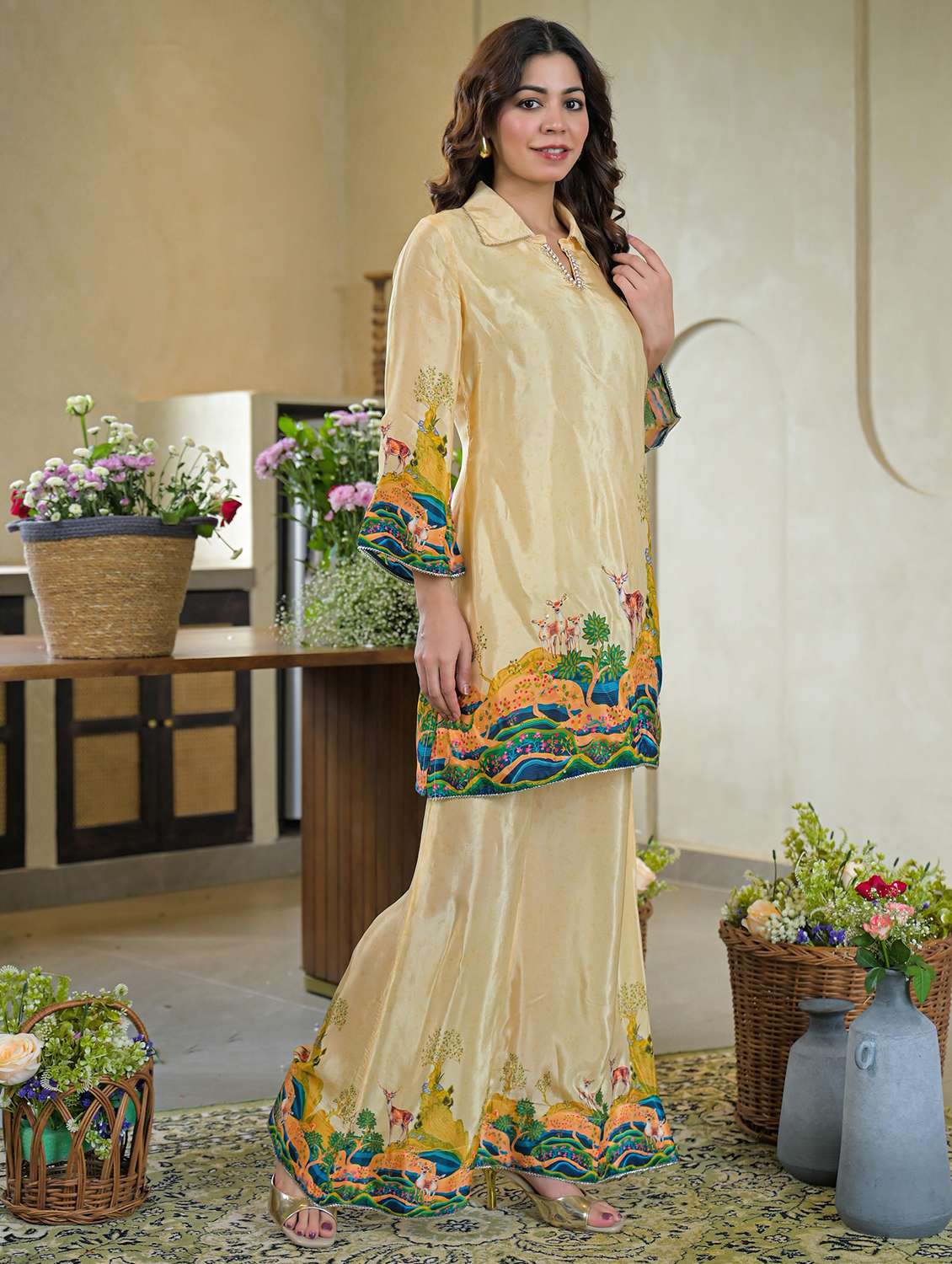 women printed three quarter sleeve regular fit ethnic co-ord set - 22177072 -  Standard Image - 1