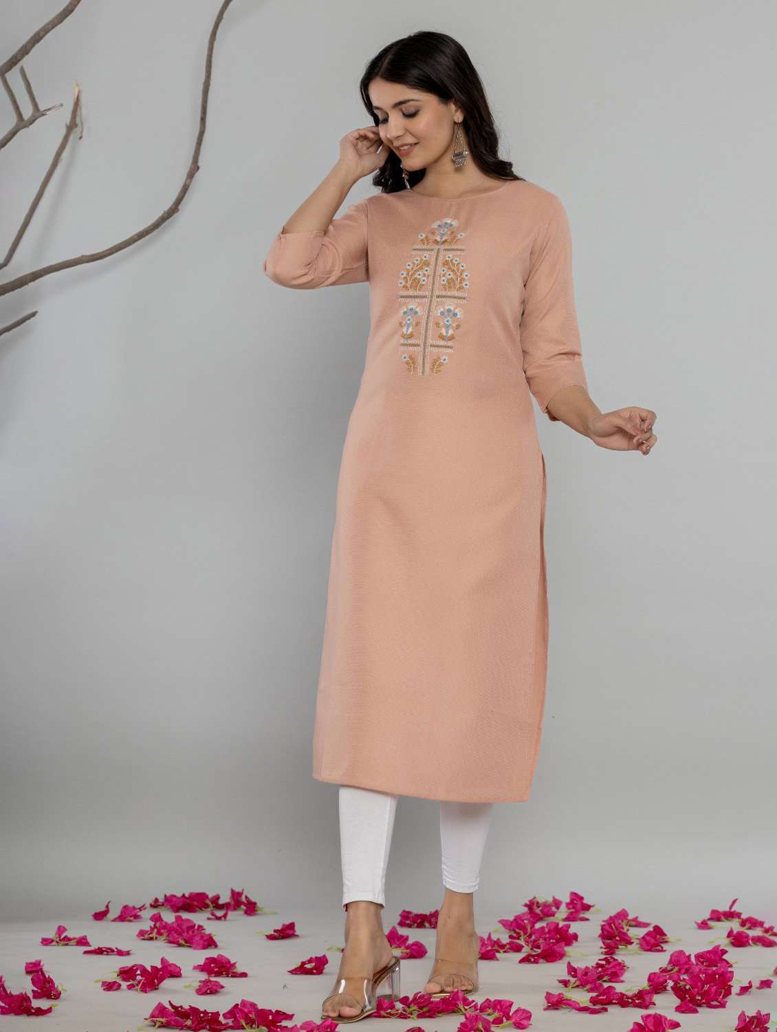women solid with work three quarter sleeve straight kurta - 22177085 -  Standard Image - 1