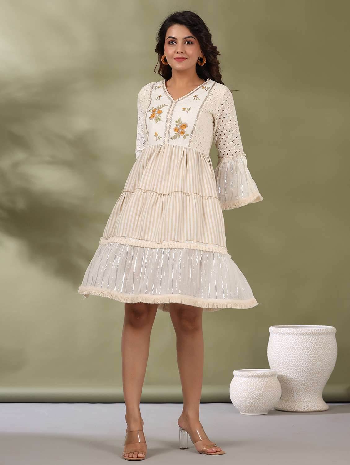 women striped bell sleeve tiered ethnic dress - 22177086 -  Standard Image - 1