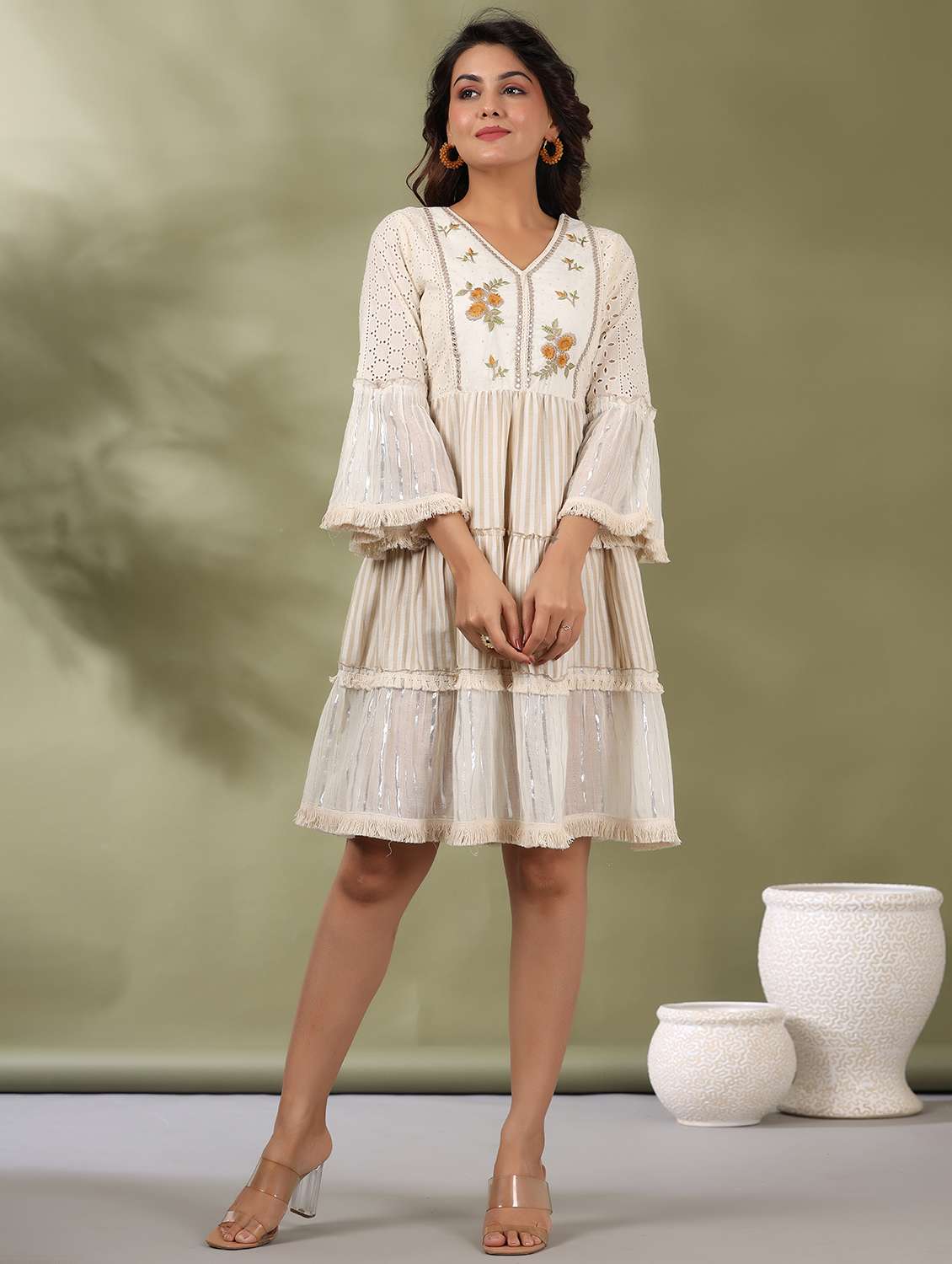 women striped bell sleeve tiered ethnic dress - 22177086 -  Standard Image - 4