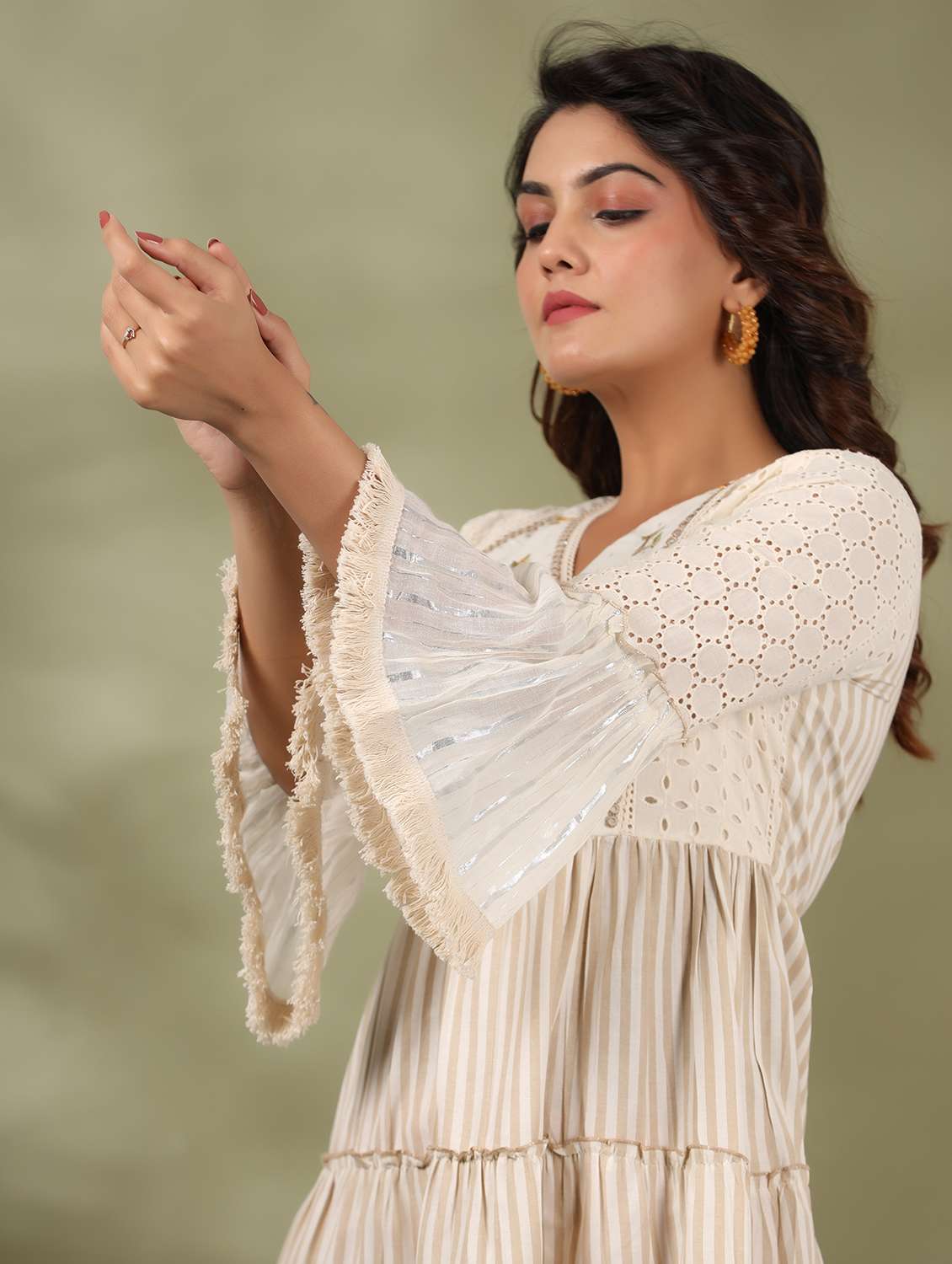 women striped bell sleeve tiered ethnic dress - 22177086 -  Standard Image - 6