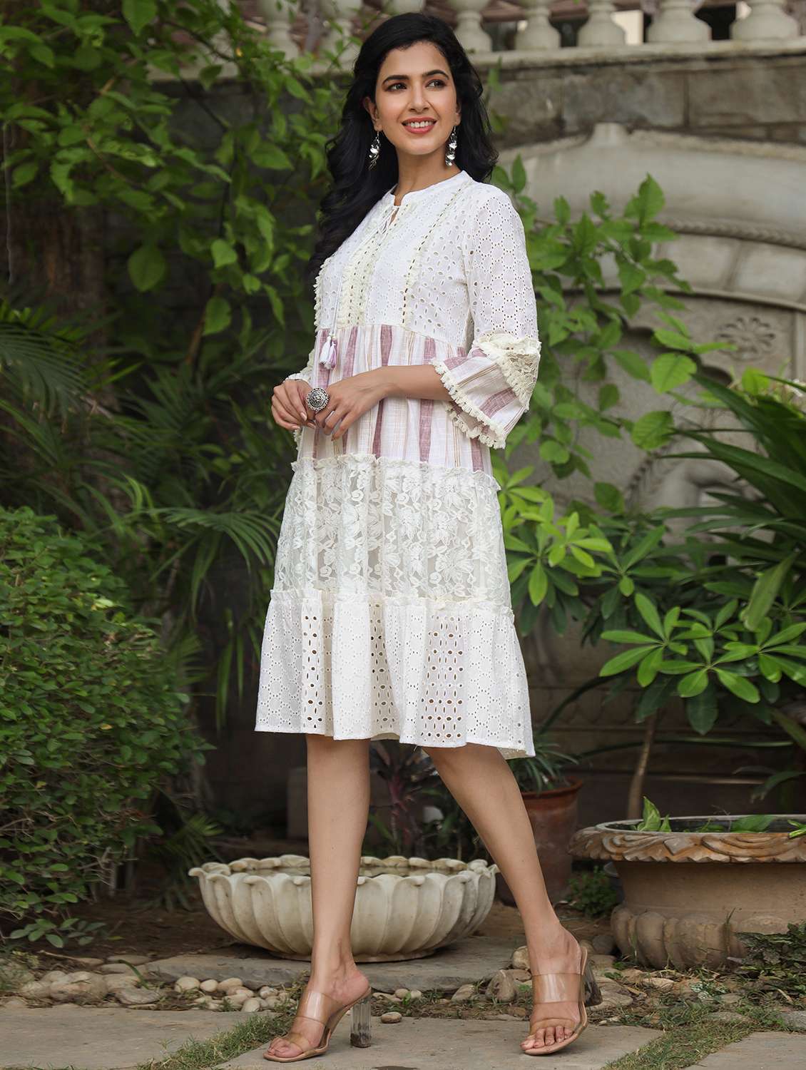 women striped bell sleeve tiered ethnic dress - 22177087 -  Standard Image - 1