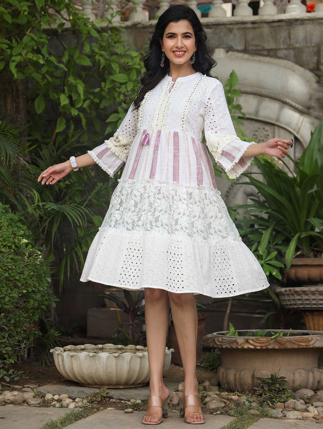 women striped bell sleeve tiered ethnic dress - 22177087 -  Standard Image - 4