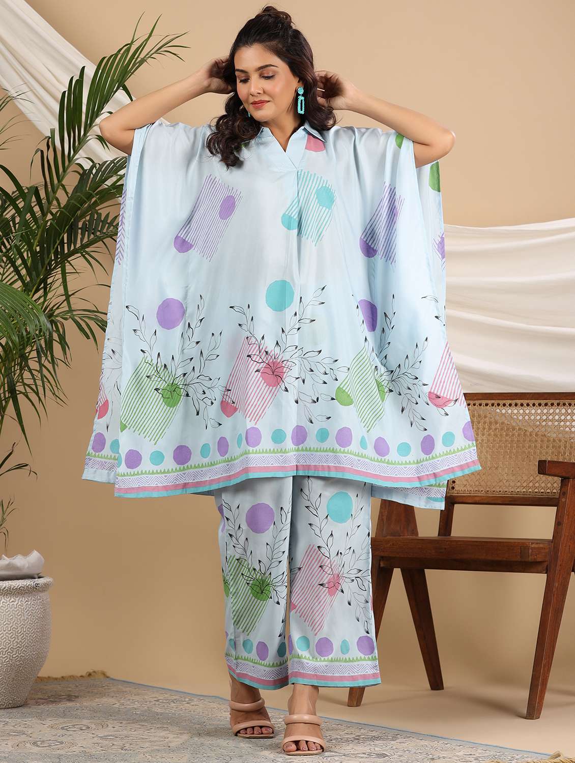 women printed kimono sleeve kaftan kurta pant set