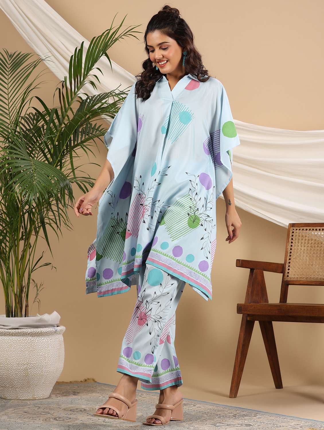 women printed kimono sleeve kaftan kurta pant set - 22177099 -  Standard Image - 1
