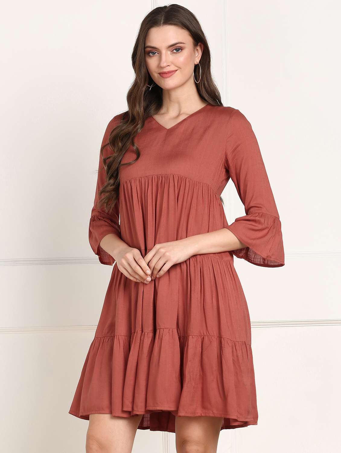 women solid bell sleeve tiered dress - 22177165 -  Standard Image - 1