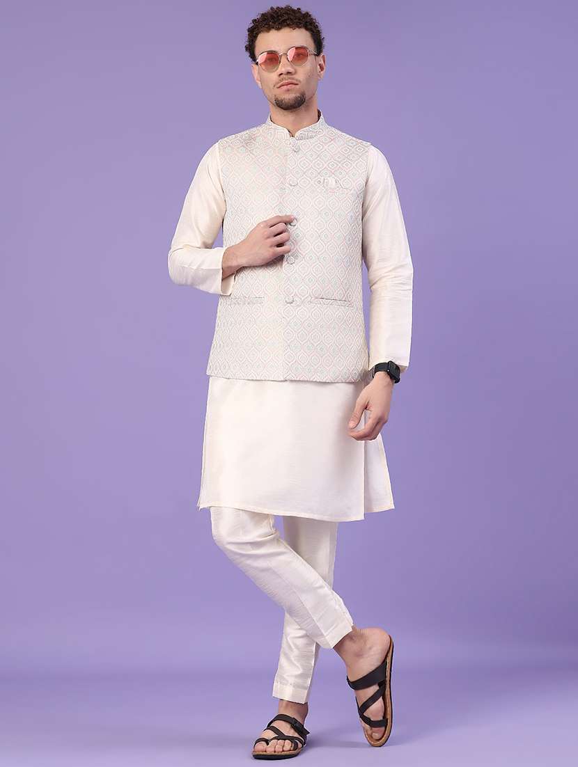 beige kurta pyjama with jacket ethnic wear set