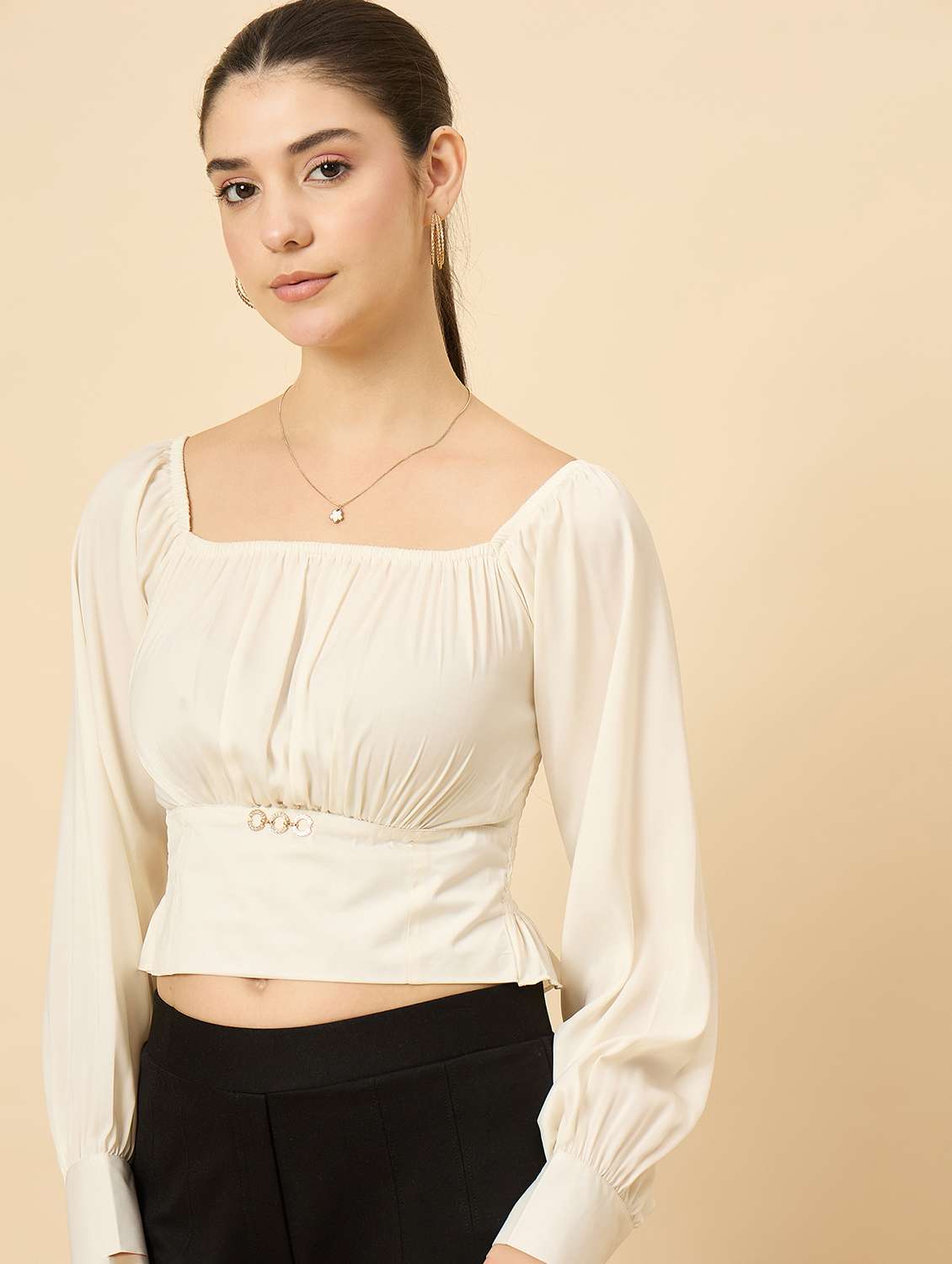 women solid puff sleeve crop top - 22177791 -  Standard Image - 1
