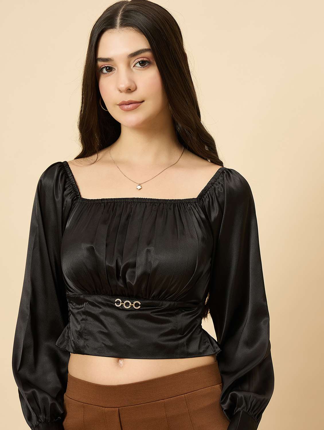 women black solid puff sleeve crop top - 22177792 -  Standard Image - 1