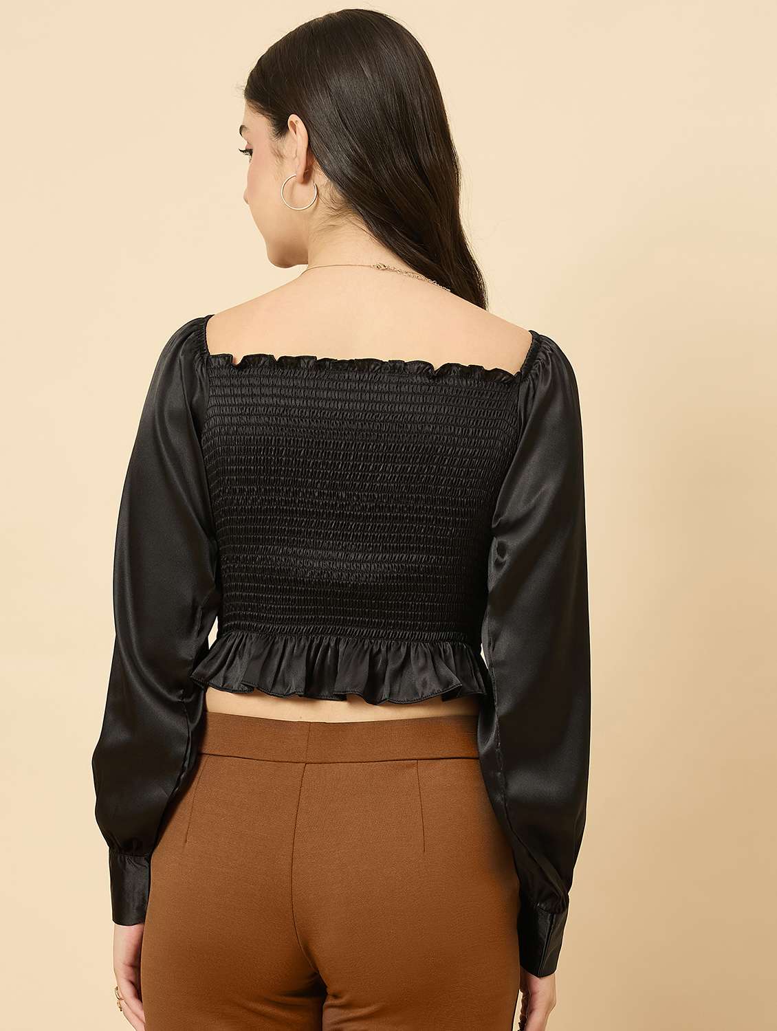 women black solid puff sleeve crop top - 22177792 -  Standard Image - 4