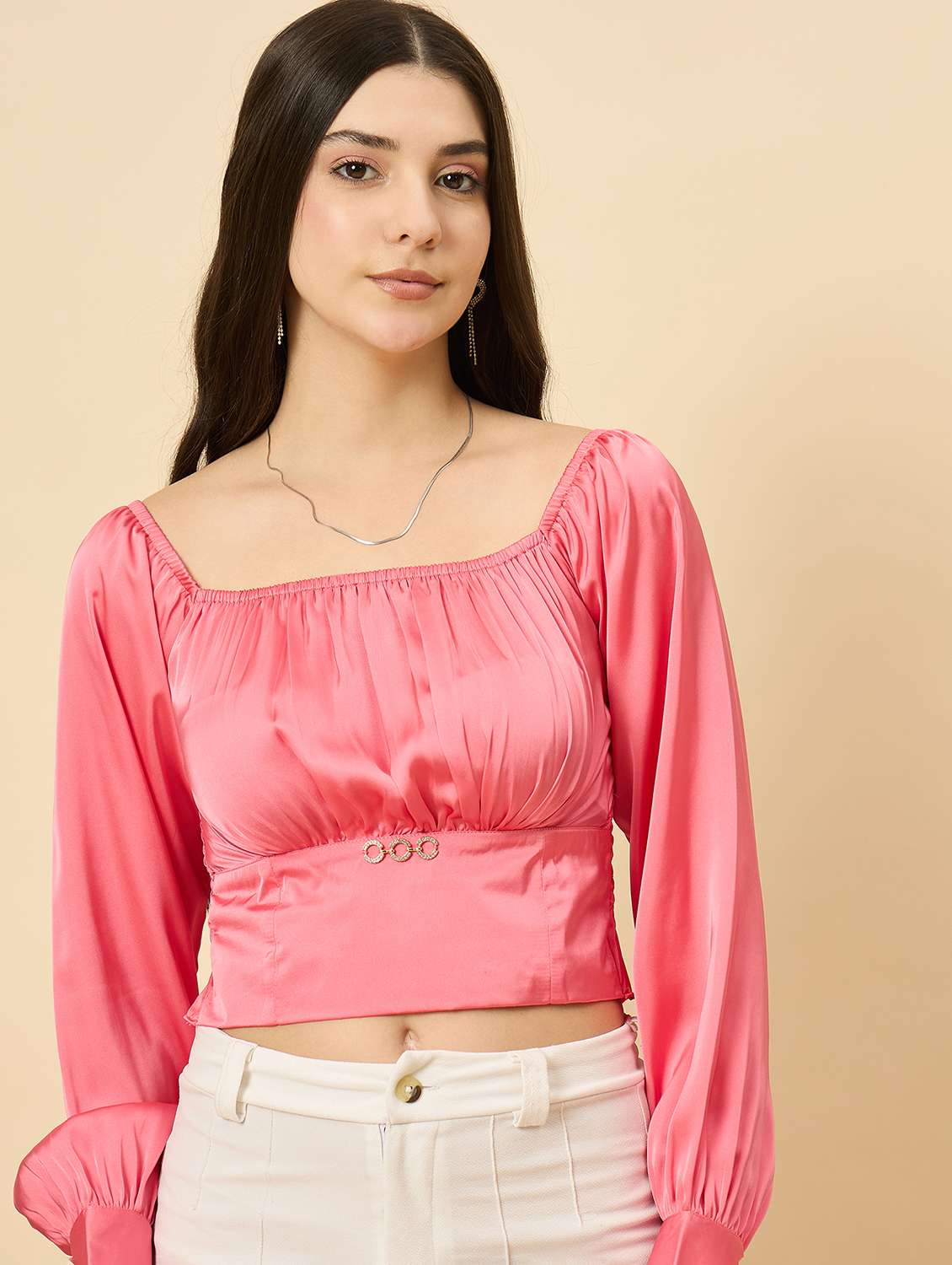 women pink solid puff sleeve crop top - 22177793 -  Standard Image - 1