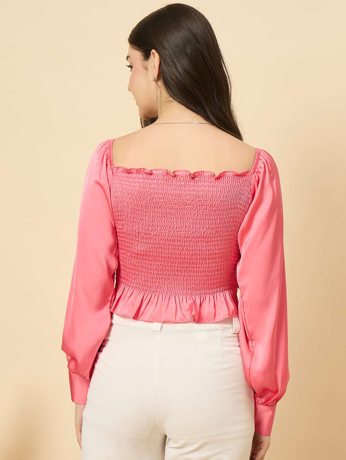 women pink solid puff sleeve crop top - 22177793 -  Standard Image - 4