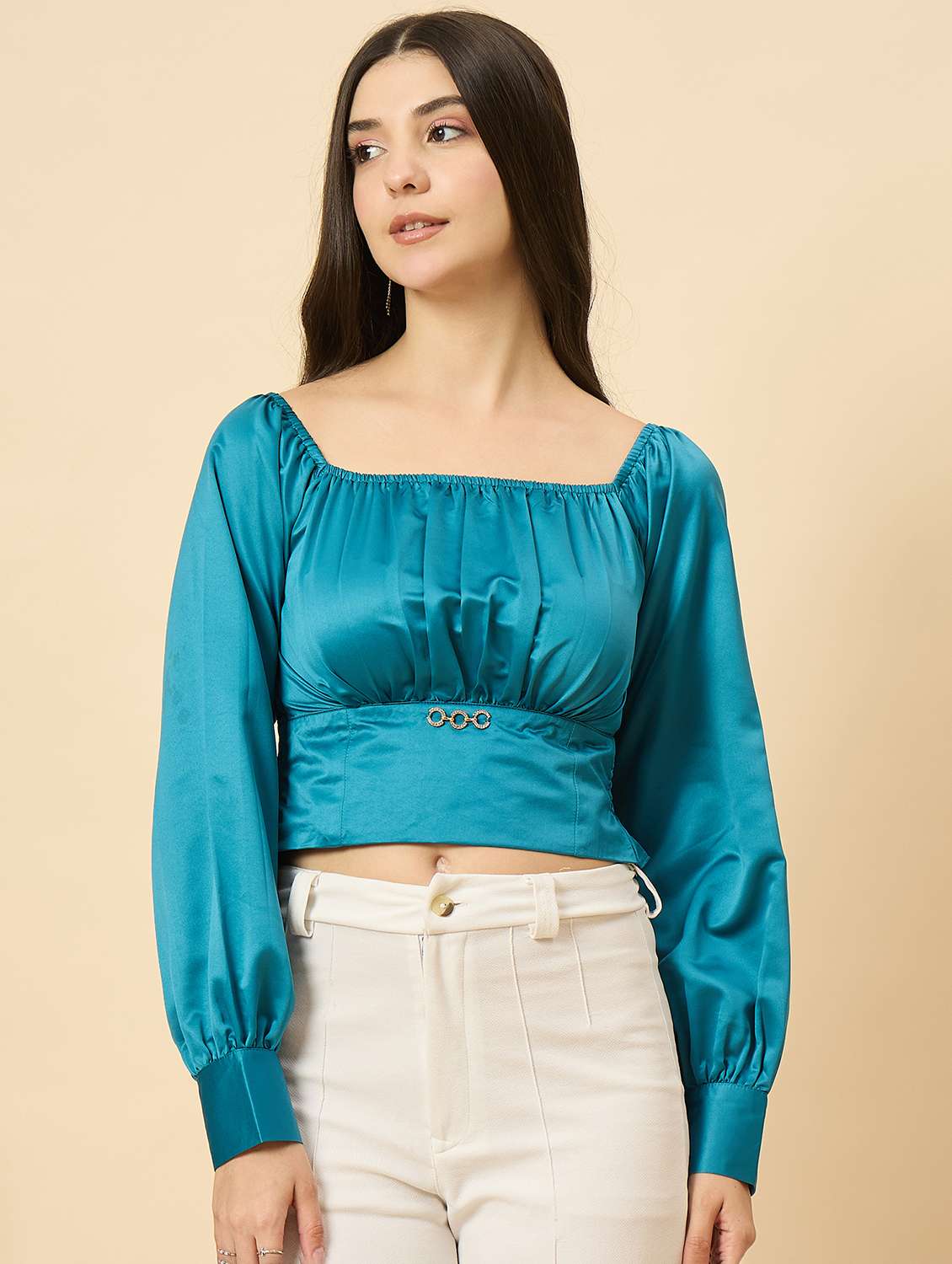 women turquoise solid puff sleeve crop top - 22177794 -  Standard Image - 1