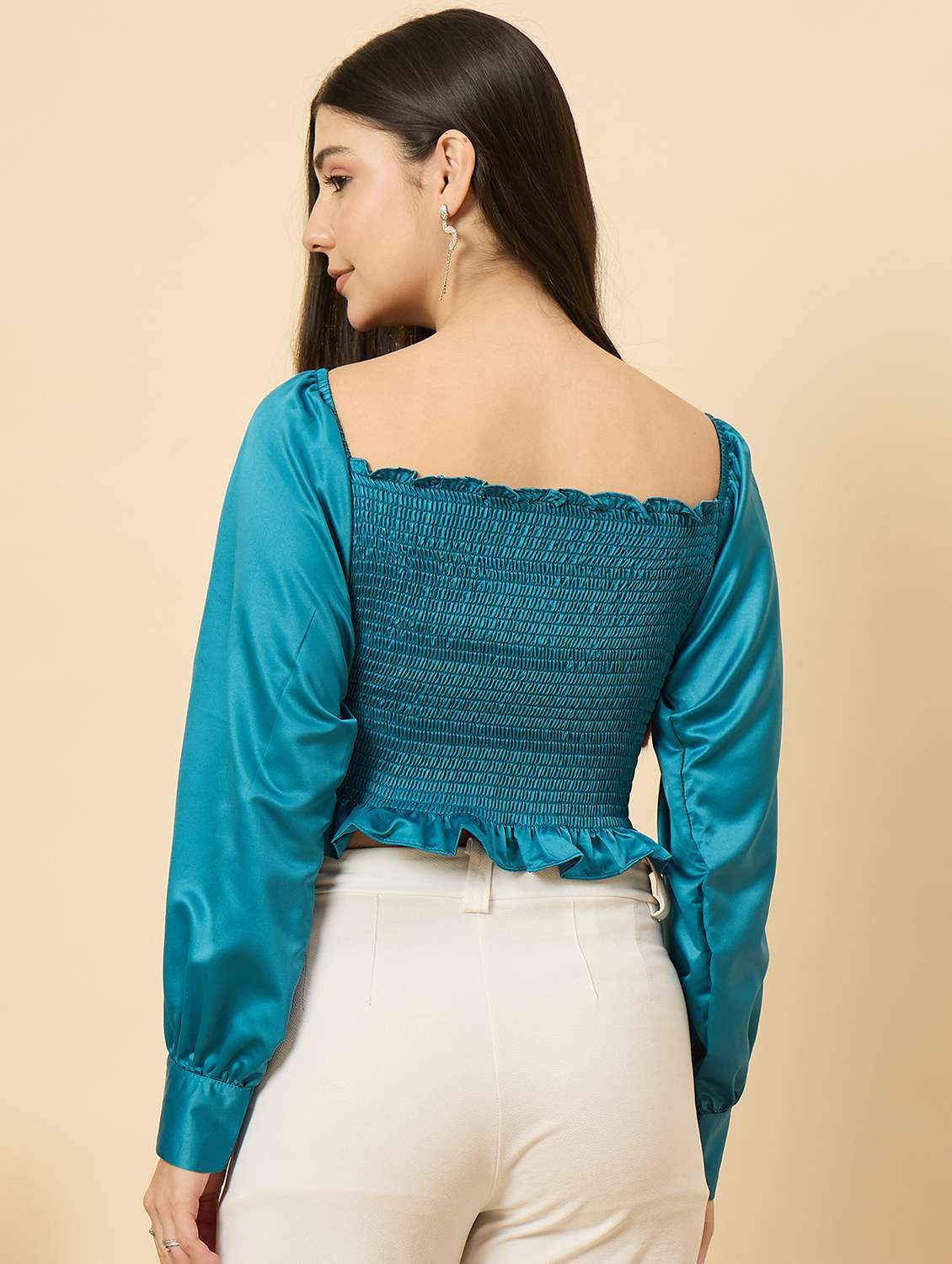 women turquoise solid puff sleeve crop top - 22177794 -  Standard Image - 4