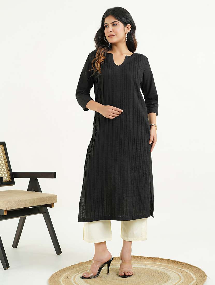 women solid three quarter sleeve straight kurta - 22177866 -  Standard Image - 1