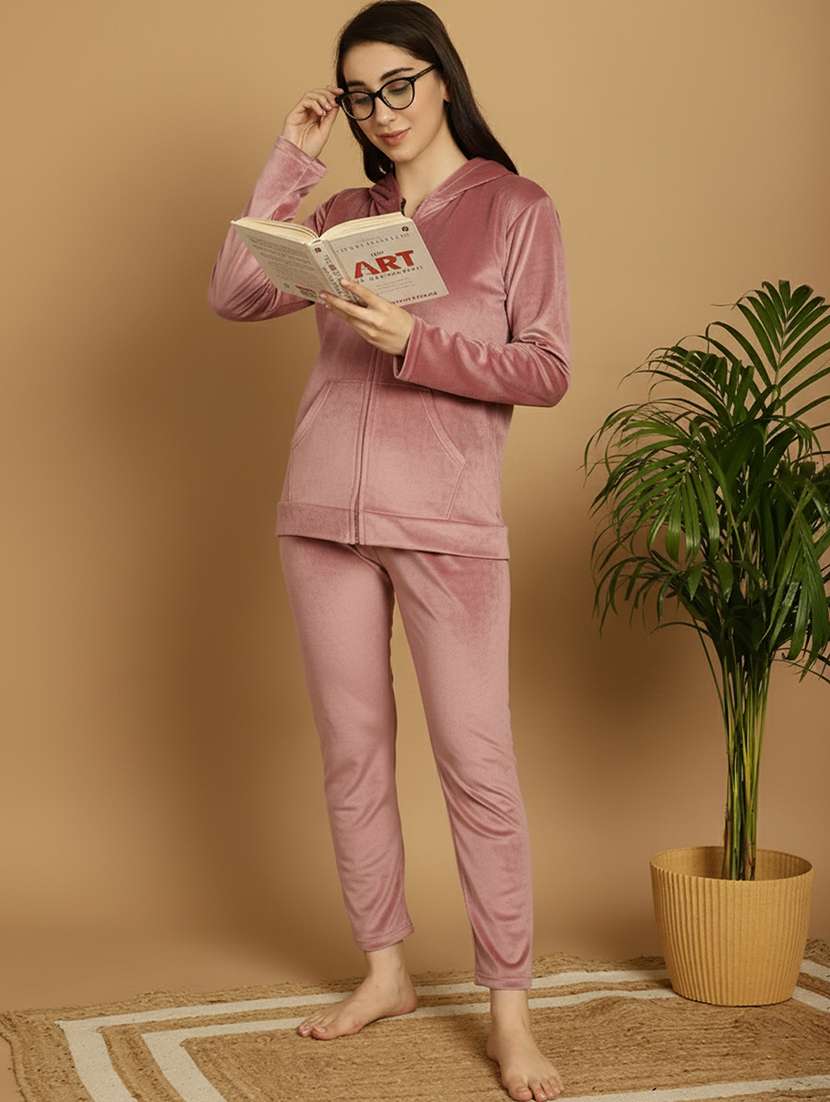 Women Solid Hooded Nightwear Pyjama Set - 22177873 -  Standard Image - 1