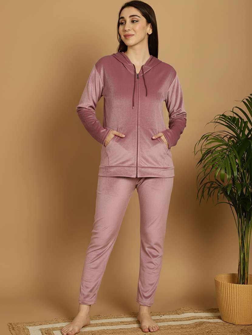 women solid hooded nightwear pyjama set - 22177874 -  Standard Image - 1