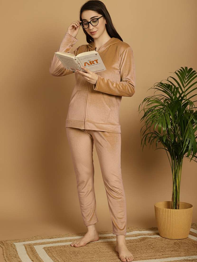 women solid hooded nightwear pyjama set - 22177877 -  Standard Image - 1