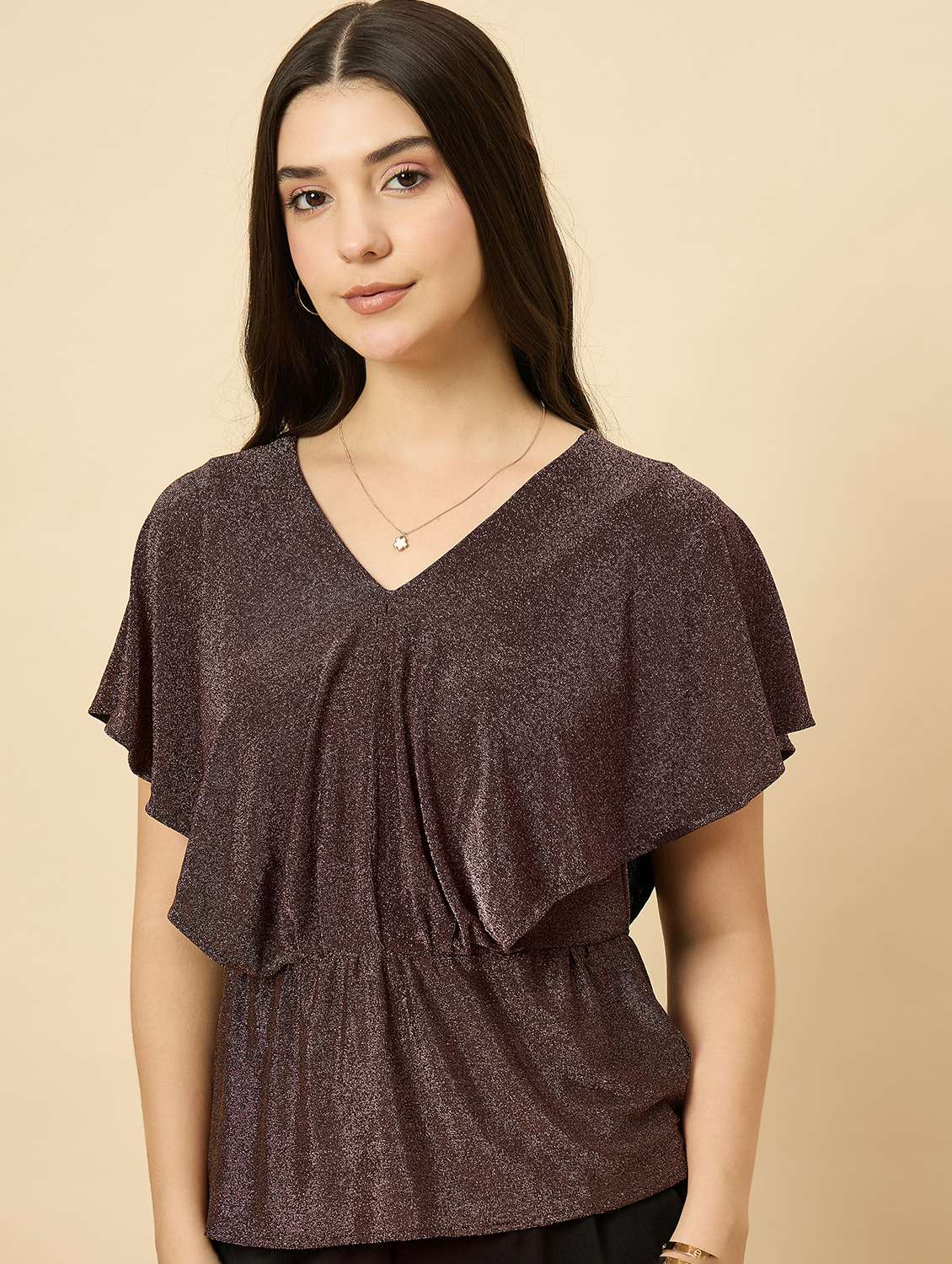 women brown solid batwing sleeve peplum top - 22177883 -  Standard Image - 1