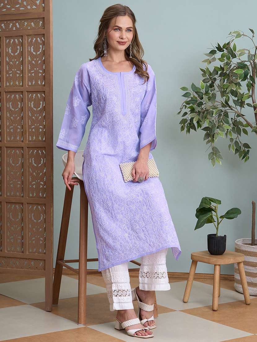women solid with work three quarter sleeve straight kurta - 22177884 -  Standard Image - 1
