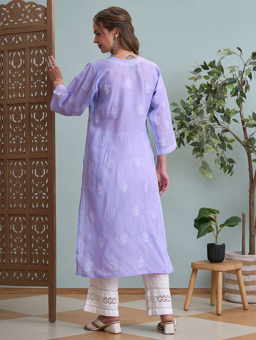 women solid with work three quarter sleeve straight kurta - 22177884 -  Standard Image - 4