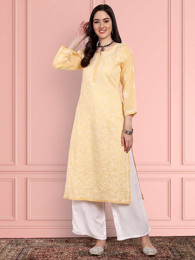 women solid with work three quarter sleeve straight kurta