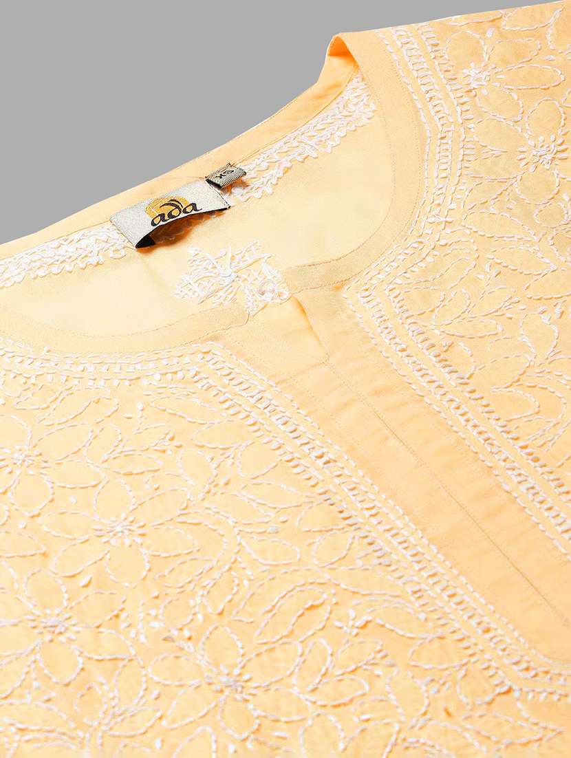 women solid with work three quarter sleeve straight kurta - 22177885 -  Standard Image - 4