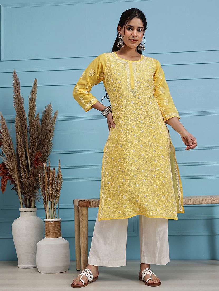 women solid with work three quarter sleeve straight kurta