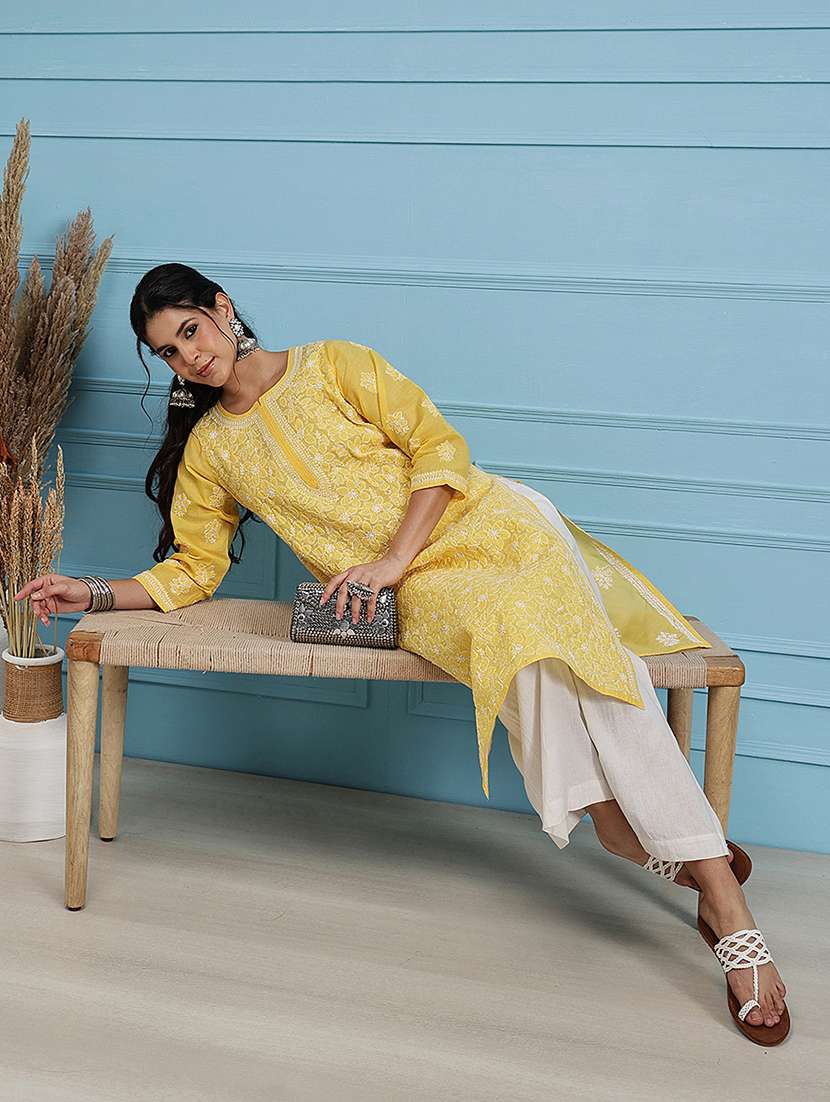 women solid with work three quarter sleeve straight kurta - 22177891 -  Standard Image - 1