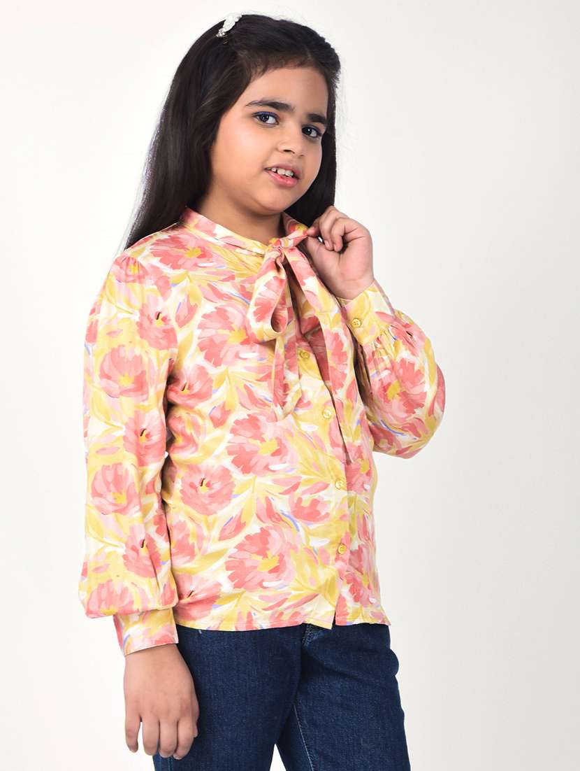 girls printed tie-up neck long sleeve top - 22177896 -  Standard Image - 1