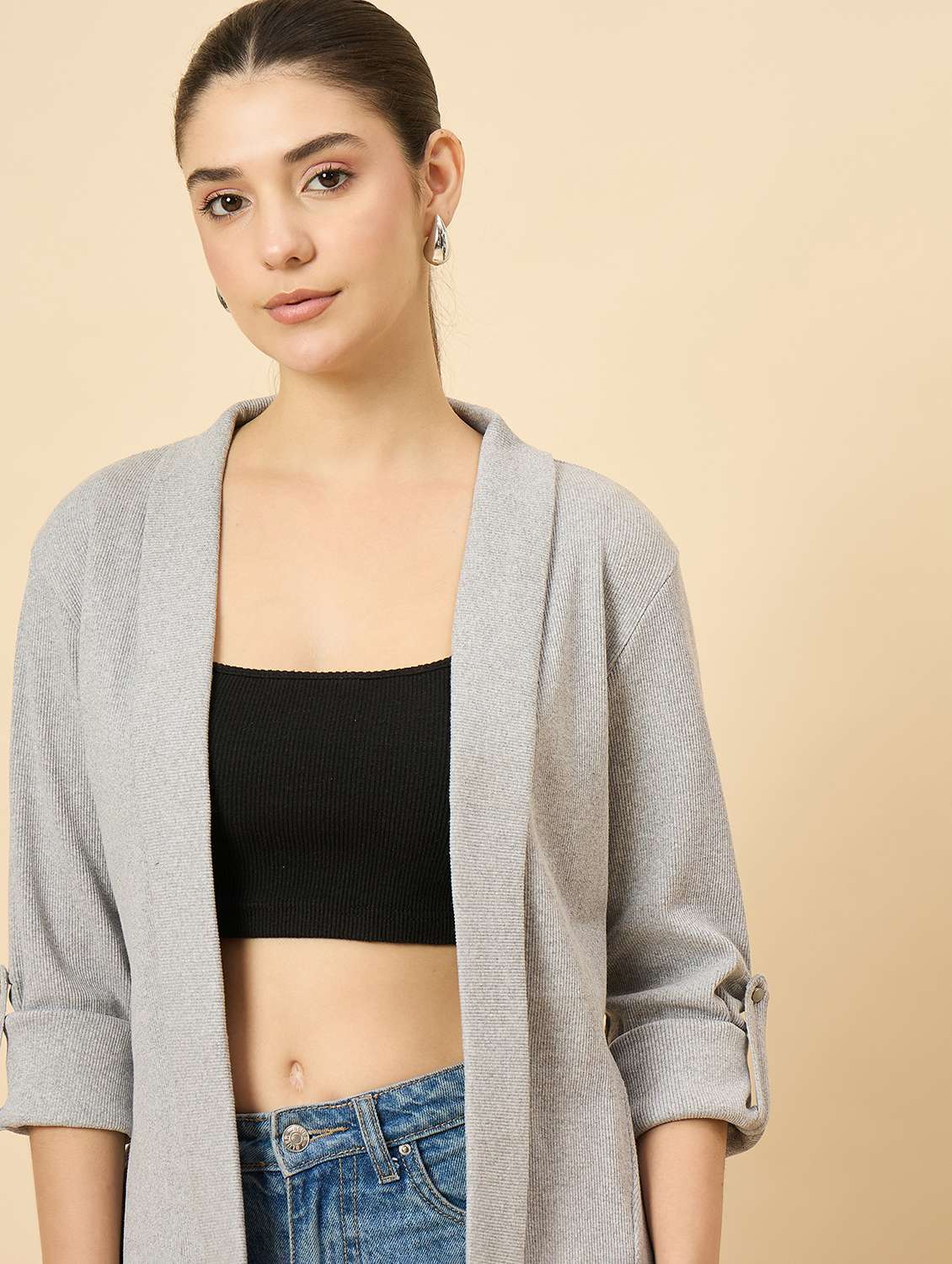 women solid long sleeve asymmetric shrug - 22177902 -  Standard Image - 1